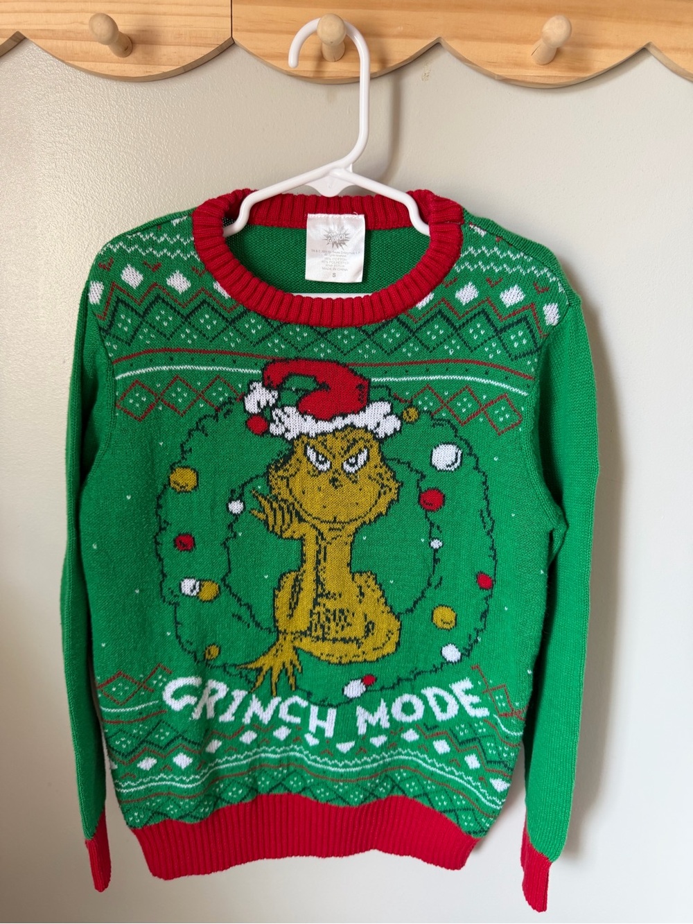 The Grinch Grinch Mode Fair Isle Knit Pullover Crewneck Sweater S Green Red